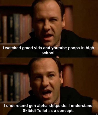 watched gmod vids and youtube poops high school. understand gen alpha shitposts. understand Skibidi Toilet as a concept.