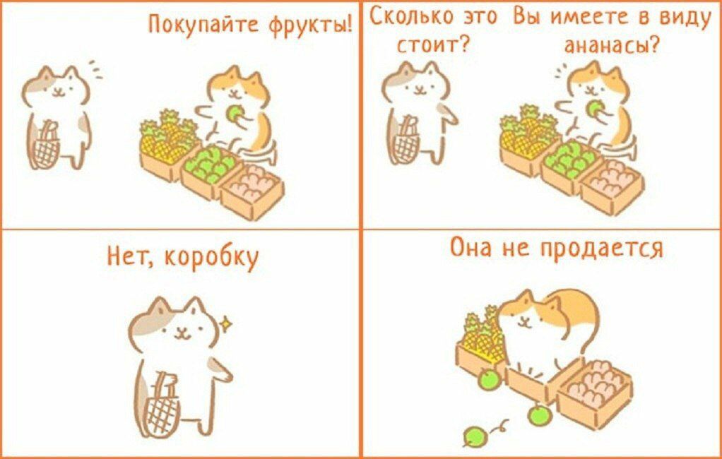Покупайте фрукты! Сколько это Вы имеете в виду стоит? ананасы? 4, 6 Она не продается Нет, коробку