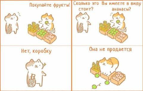 Покупайте фрукты! Сколько это Вы имеете в виду стоит? ананасы? 4, 6 Она не продается Нет, коробку