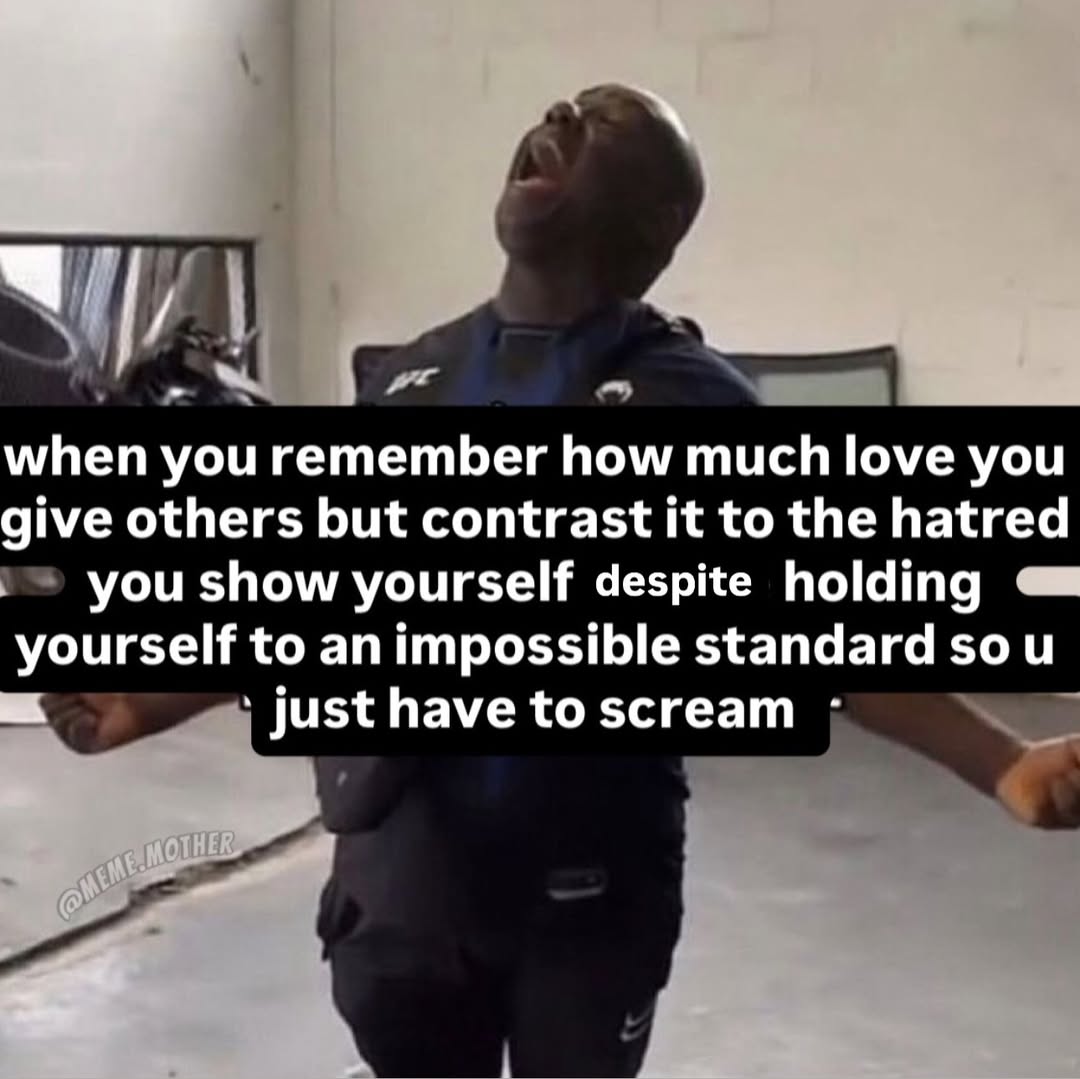 when you remember how much love you give others but contrast it to the hatred you show yourself despite holding yourself to an impossible standard so Just have to scream