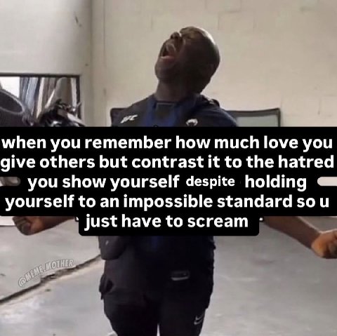 when you remember how much love you give others but contrast it to the hatred you show yourself despite holding yourself to an impossible standard so Just have to scream