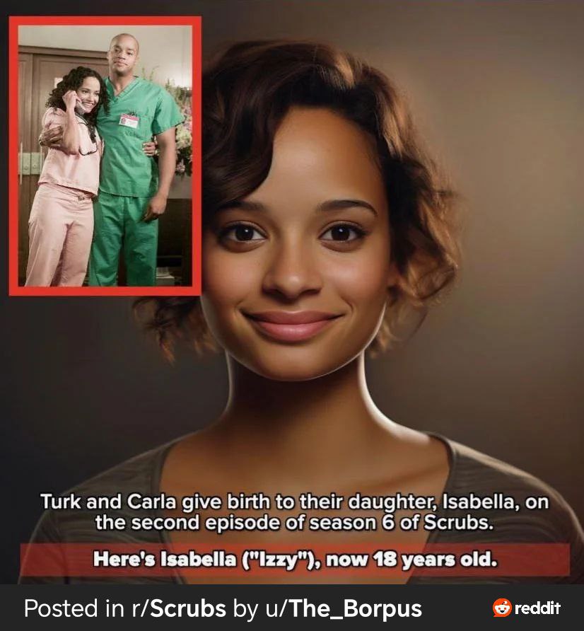 В Turk and Carla give birth to their daughter, Isabella, on the second episode of season 6 of Scrubs. Here's Isabella ("Izzy"), now 18 years old. reddit Posted in r/Scrubs u/The_Borpus