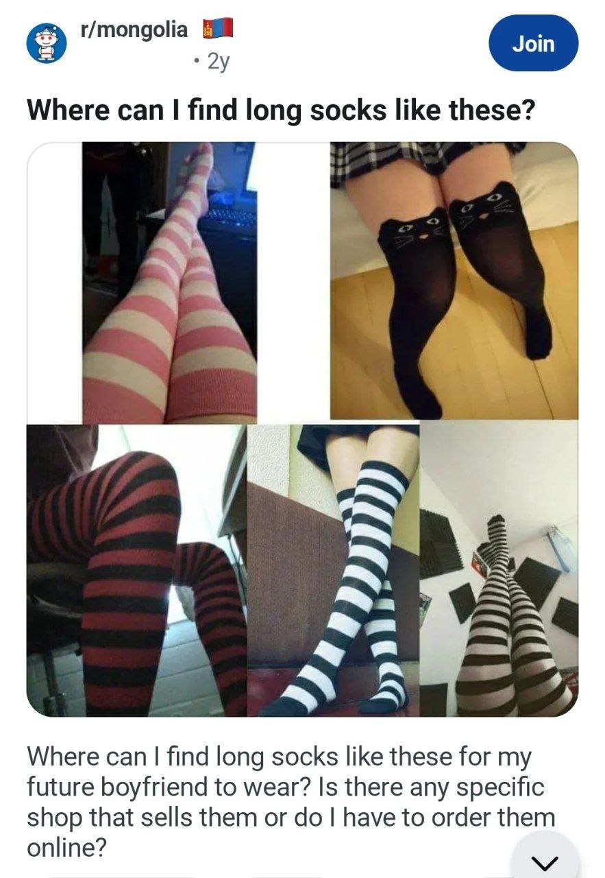 r/mongolia 2у Where can find long socks like these? 7 Where can find long socks like these for future boyfriend to wear? Is there any specific shop that sells them or have to order them online?