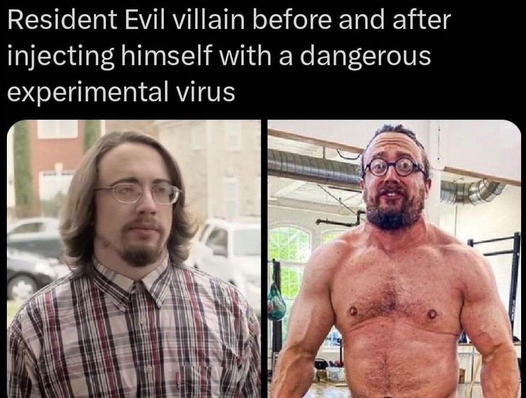 Resident Evil villain before and after injecting himself with a dangerous experimental virus 1%