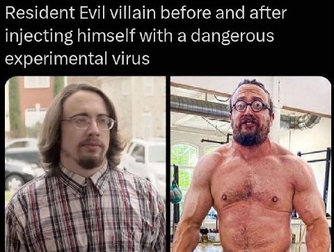 Resident Evil villain before and after injecting himself with a dangerous experimental virus 1%