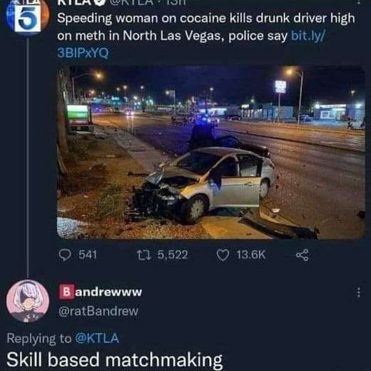 Speeding woman on cocaine kills drunk driver high on meth in North Las Vegas, police say В andrewww Skill based matchmaking