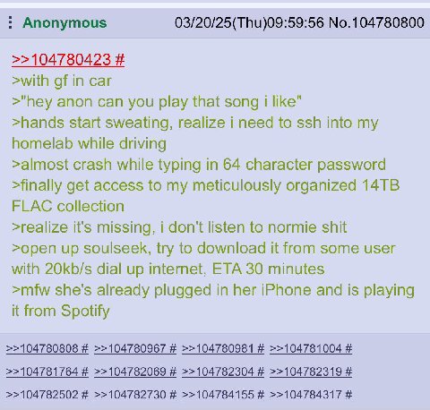 Anonymous 03/20/25(Thu)09:59:56 No.104780800 >>104780423 >with in car >"hey anon can you play that song like" >hands start sweating, realize i need to ssh into my homelab while driving >almost crash w