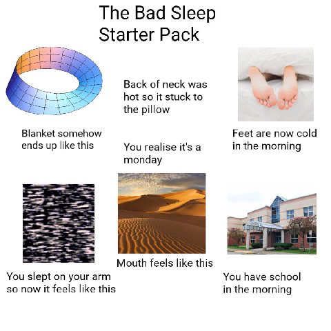 The Bad Sleep Starter Pack Back of neck was so it stuck to the pillow Blanket somehow Feet are now cold ends up like this You realise it's a in the morning monday —„и Mouth feels like this You slept o
