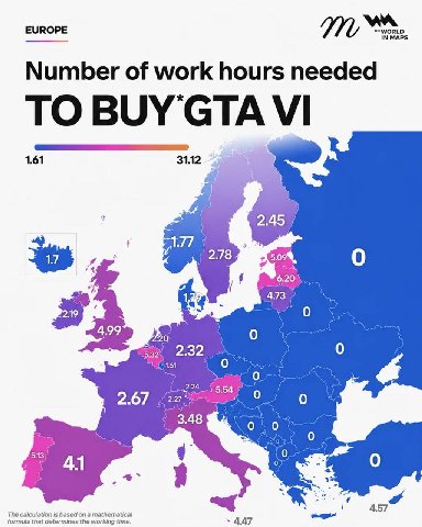EUROPE 77, Number of work hours needed TO BUY 1.61 3112. 2.45 a 0 2 0 вый 2.32 151.61 ‚о 2.24 о 2.67 о 3.48 0 о 0 The calculation is based a mathematical formula that determines the working time. 4.47