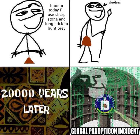 today hmmm use sharp ong stick to stone and hunt prey LATER GLOBAL PANOPTICON INCIDENT