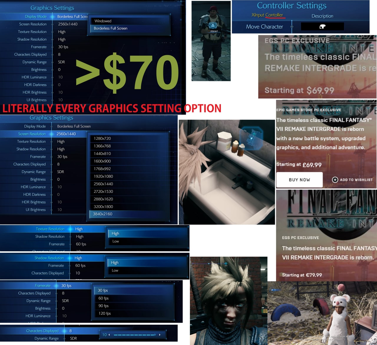 Graphics Settings Controller Settings Xinput Contoller Windowed Description Screen Resolution Mode Borderless Full Screen Move Character Texture Res lution High Shadow Resolution High Framerate 30 fps