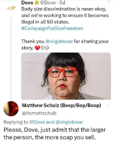 Dove @Dove Body size discrimination is never okay, and we’re working to ensure it becomes illegal in all 50 states. #CampaignForSizeFreedom Thank you @virgietovar for sharing your story. We Matthew Sc