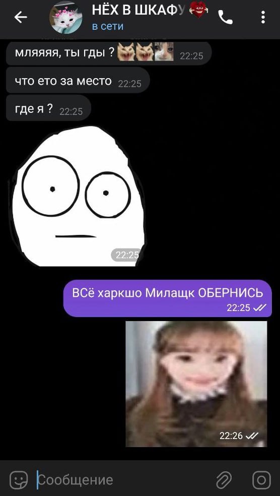 HEX В ШКАФУ в сети мляяяя, ты гды 22:25 что ето за место 5 ГДея 22:25 BCé харкшо Милащк ОБЕРНИСЬ 22:25 22:26 Сообщение