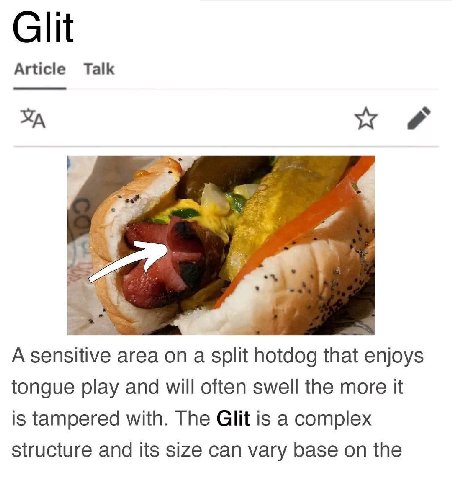 Glit Article Talk 25 А sensitive area a split hotdog that enjoys tongue play and will often swell the more it is tampered with. The Glit is a complex structure and its size can vary base on the