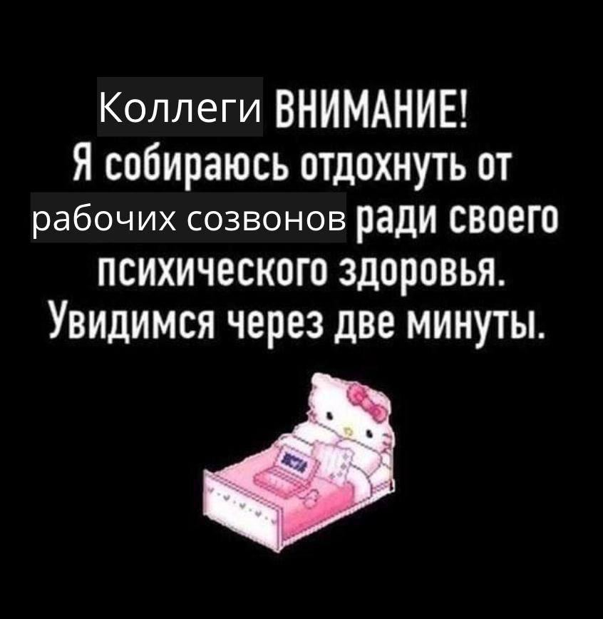 Коллеги ВНИМАНИЕ! Я собираюсь отдохнуть от рабочих созвонов ради своего психического здоровья. Увидимся через две минуты.