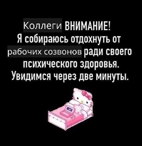 Коллеги ВНИМАНИЕ! Я собираюсь отдохнуть от рабочих созвонов ради своего психического здоровья. Увидимся через две минуты.