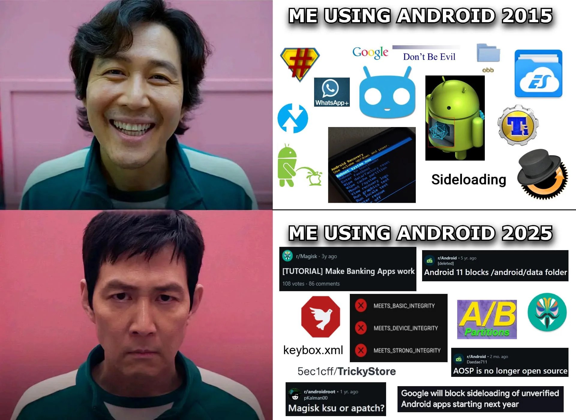 a gle Don’t Be Evil 4 WhatsApp+ 1 4 4 А у у 2 Sideloading 1/Magisk [TUTORIAL] Make Banking Apps work Android 11 blocks /android/data folder MEETS_BASIC_INTEGRITY MEETS_DEVICE_INTEGRITY keybox.xml 5eci