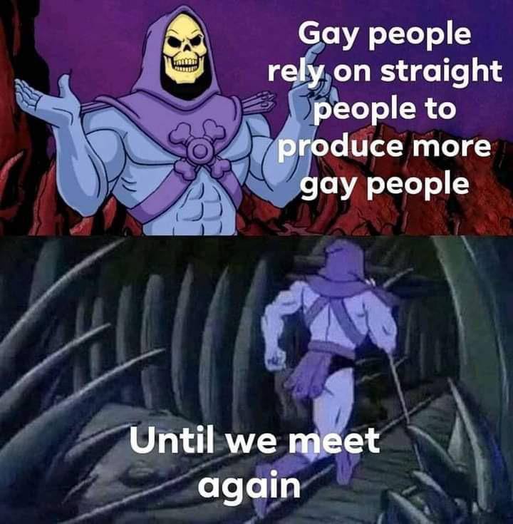 Gay people rely on straight people to produce more gay people Until we meet again