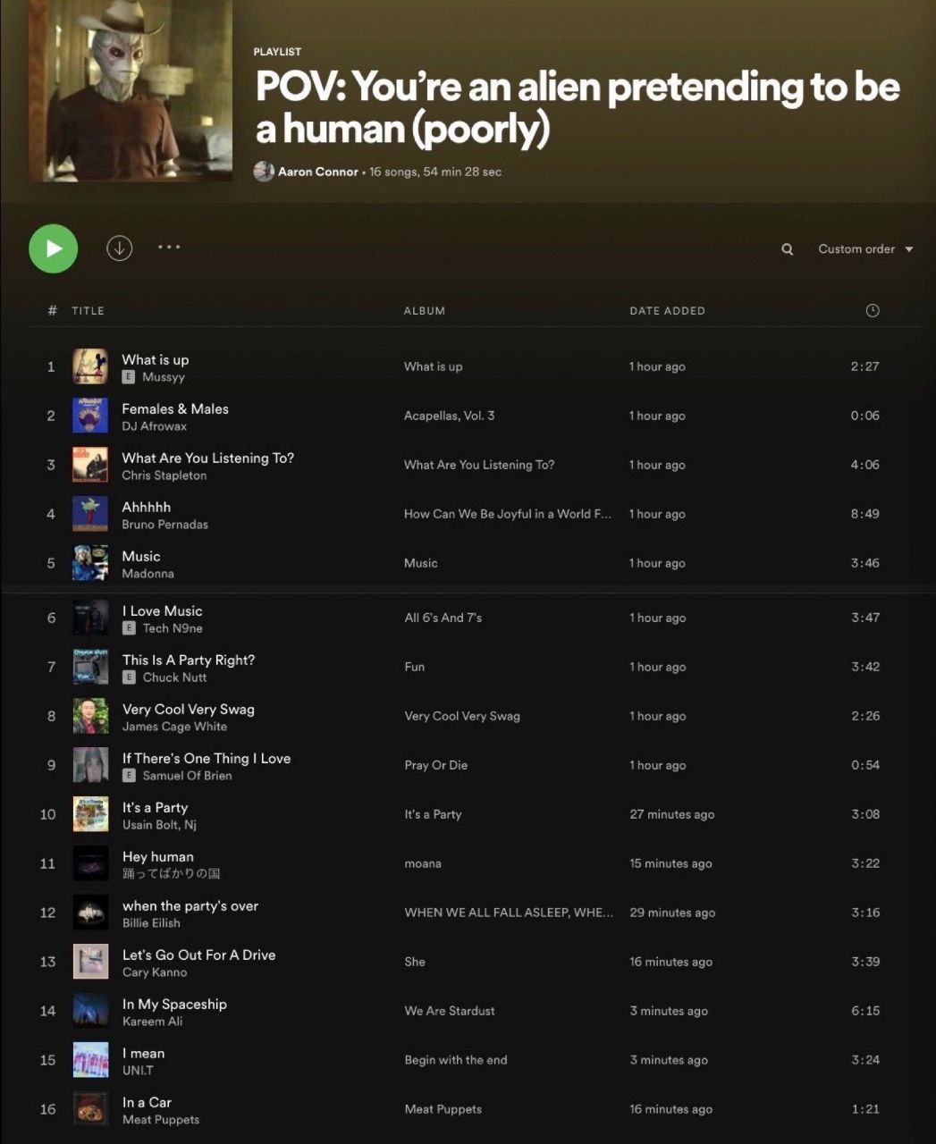 PLAYLIST POV: You’ be an alien pretending to 7 Conner 16 songs, 54 min 28 TITLE ALBUM DATE ADDED 1 up 2 Females Males Acapellas, Vol. 3 ago 0:06 Afrowax 3 Ate You Listening What Are You Listening To? 