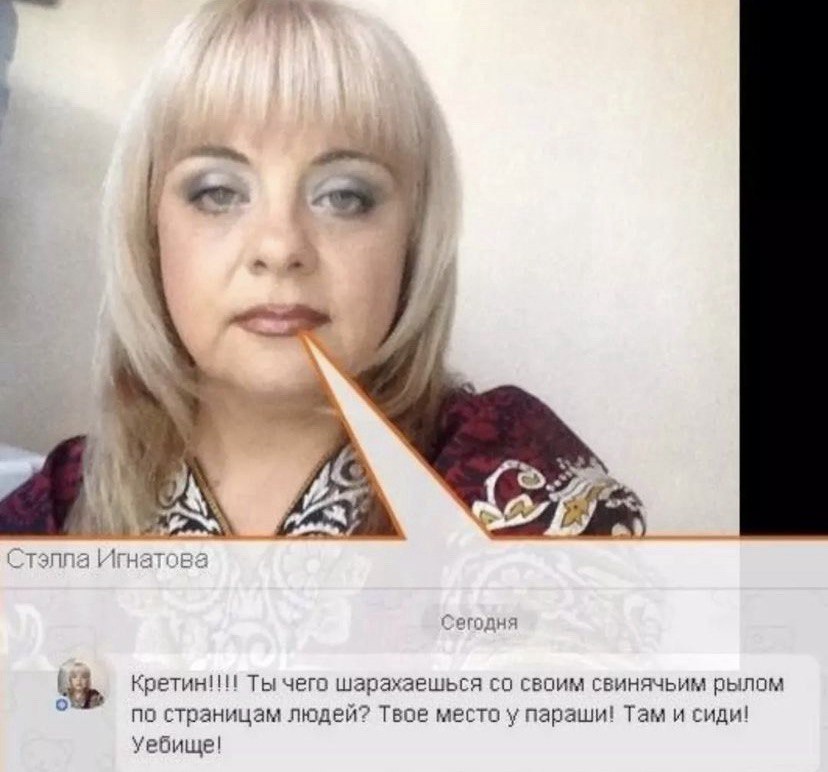 A Стэлла Игнатова С Ты чего шарахаешься своим свинячьим рылом по страницам людей? Твое место у параши! Там и сиди! уебище!