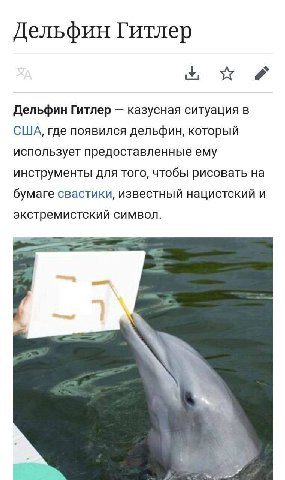 Дельфин Гитлер Дельфин Гитлер казусная ситуация в США, где появился дельфин, который использует предоставленные ему инструменты для того, чтобы рисовать на бумаге свастики, известный нацистский и экст