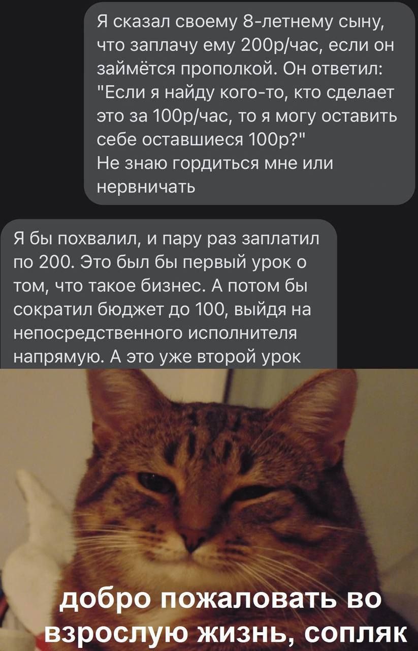 Я сказал своему 8-летнему сыну, что заплачу ему 200р/час, если он займётся прополкой. Он ответил: "Если я найду кого-то, кто сделает это за 100р/час, то я могу оставить себе оставшиеся Не знаю гордить