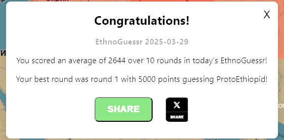 Congratulations! EthnoGuessr 2025-03-29 You scored an average of 2644 over 10 rounds in today’s EthnoGuessr! Your best round was round 1 with 5000 points quessing ProtoEthiopid!