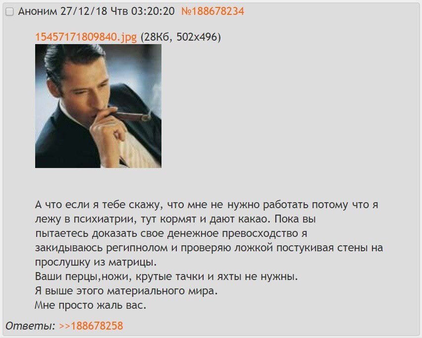 Аноним 27/12/18 Чтв 03:20:20 №188678234 15457171809840.jps А что если я тебе скажу, что мне не нужно работать потому что я лежу в психиатрии, тут кормят и дают какао. Пока вы пытаетесь доказать свое д