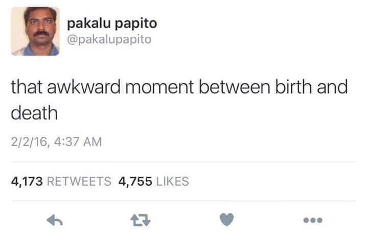рака! papito @pakalupapito that awkward moment between birth and death 2/2/16, 4:37 4,173 RETWEETS 4,755 LIKES eve