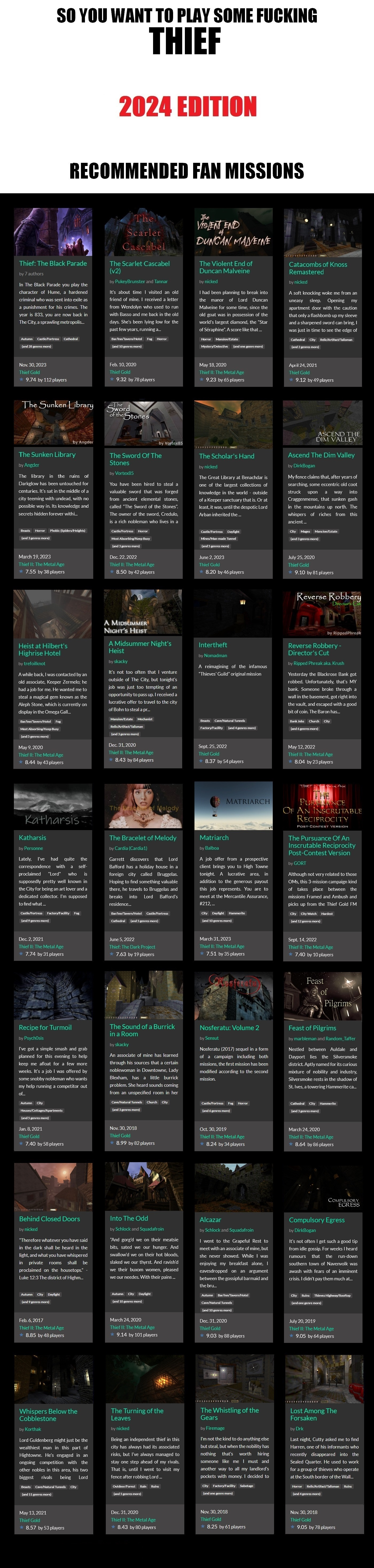 $0 YOU WANT ТО PLAY SOME FUCKING THIEF 2024 EDITION RECOMMENDED FAN MISSIONS DUNCAN. ary Thief: The Black Parade The Scarlet Cascabel The Violent End of Catacombs of Knoss uthors Duncan Malveine Remas