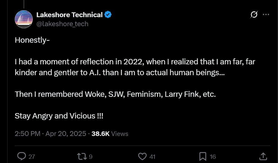 7 Lakeshore Technical Honestly- had а moment of reflection in 2022, when realized that far, far kinder and gentler to than to actual human beings... Then remembered Woke, SJW, Feminism, Larry Fink, et
