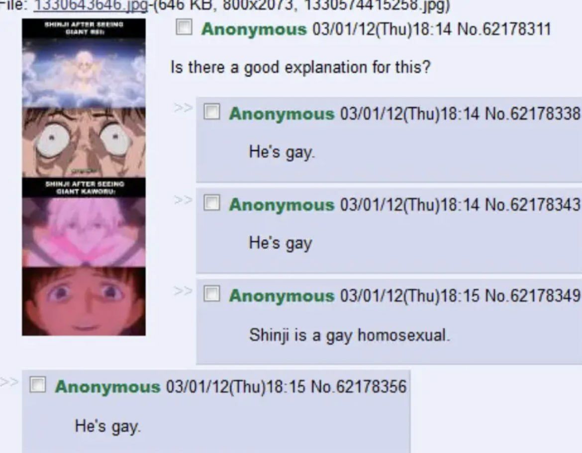 Anonymous 03/01/12(Thu)18:14 No.62178311 Is there a good explanation for this? Anonymous 03/01/12(Thu)18:14 No.62178338 He's gay. 2 Anonymous 03/01/12(Thu)18:14 No.62178343 He's gay Anonymous 03/01/12