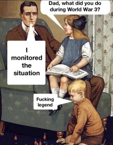 Dad, what did you during World War 3? у Я monitored 4 the situation Fucking legend