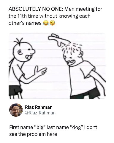 ABSOLUTELY NO ONE: Men meeting for the time without knowing each other's names Riaz Rahman @Riaz_Rahman First name “big” last name “dog” i dont see the problem here