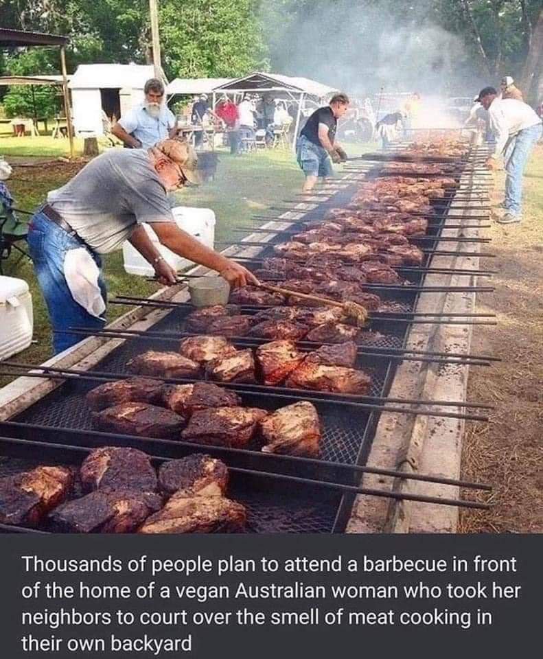 4 А a 5, у у Thousands of people plan to attend a barbecue in front of the home of a vegan Australian woman who took her neighbors to court over the smell of meat cooking in their own backyard