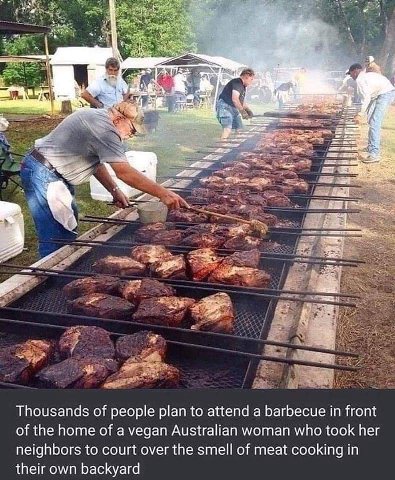 4 А a 5, у у Thousands of people plan to attend a barbecue in front of the home of a vegan Australian woman who took her neighbors to court over the smell of meat cooking in their own backyard