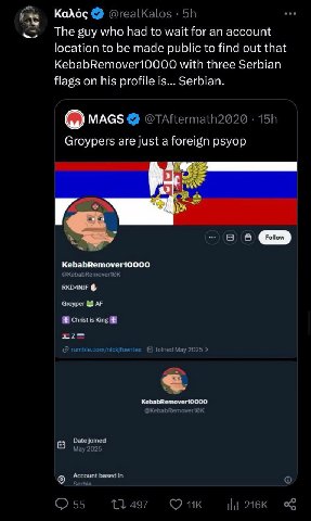 Калос @realKalos who had to wait for account location to be made public to find out that KebabRemover10000 with three Serbian flags on his profile is... Serbian. MAGS Groypers are just a foreign psyop