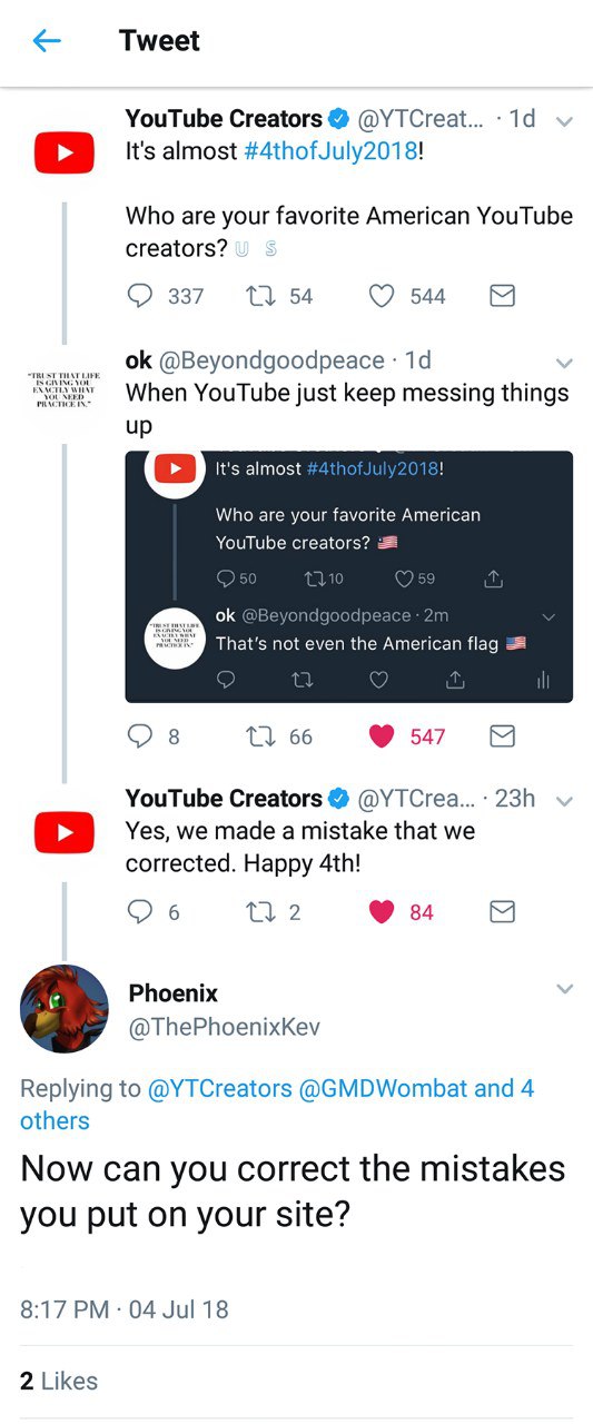 Tweet YouTube Creators @YTCreat... It's almost #4thofJuly2018! Who are your favorite American YouTube creators? 337 54 @Beyondgoodpeace When YouTube just keep messing things up It's almost Who are you