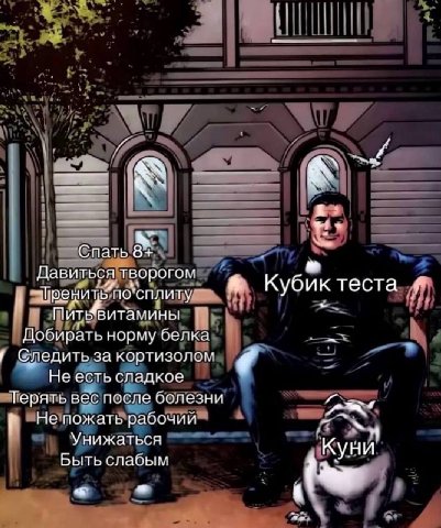 a и. Спать Давиться творогом Кубик теста ПИТЬ витамины Добирать норму белка Следить за кортизолом Не есть сладкое Терять Béc после болезни Не пожать рабочий Унижаться Быть слабым Куни