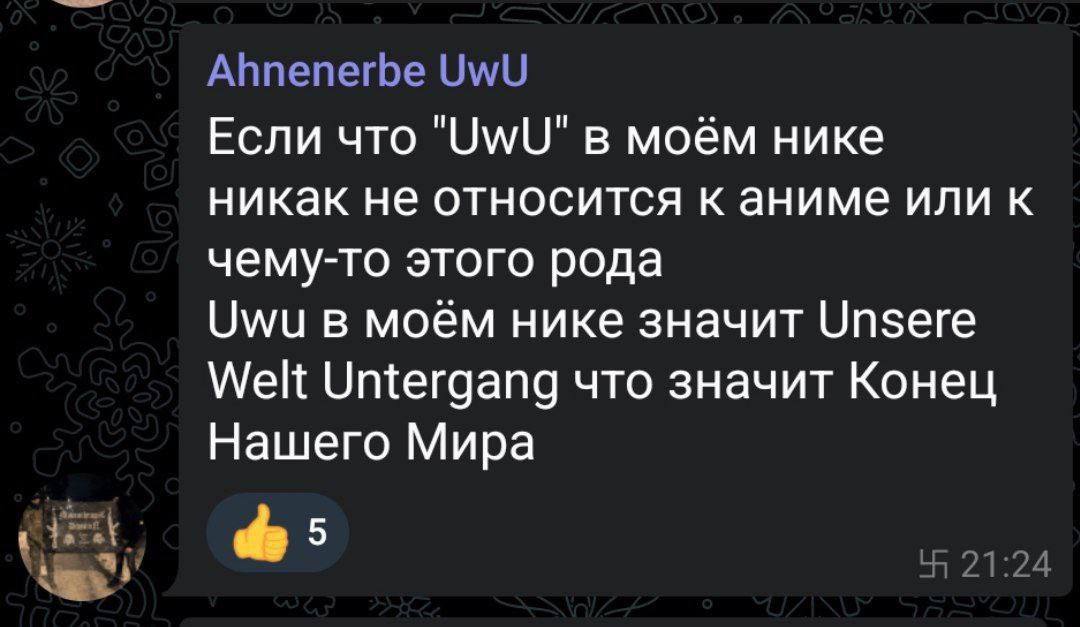 Ahnenerbe UwU Если что в моём нике никак не относится к аниме или к чему-то этого рода Uwu в моём нике значит Unsere Welt Untergang что значит Конец Нашего Мира 21:24