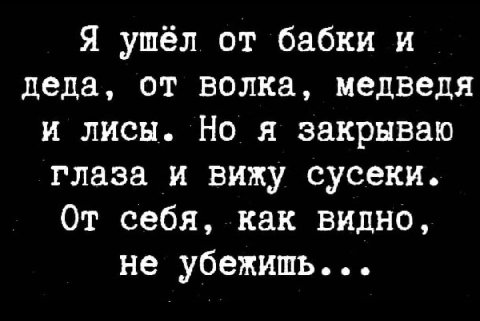ушел от бабки и деда, от волка, медведя и лисы. Но я закрываю глаза и вижу сусеки. От себя, как видно, не убежишь...
