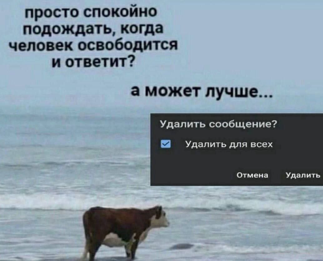 просто спокойно подождать, когда человек освободится и ответит? а может лучше... Удалить сообщение? Удалить для всех Отмена Удалить