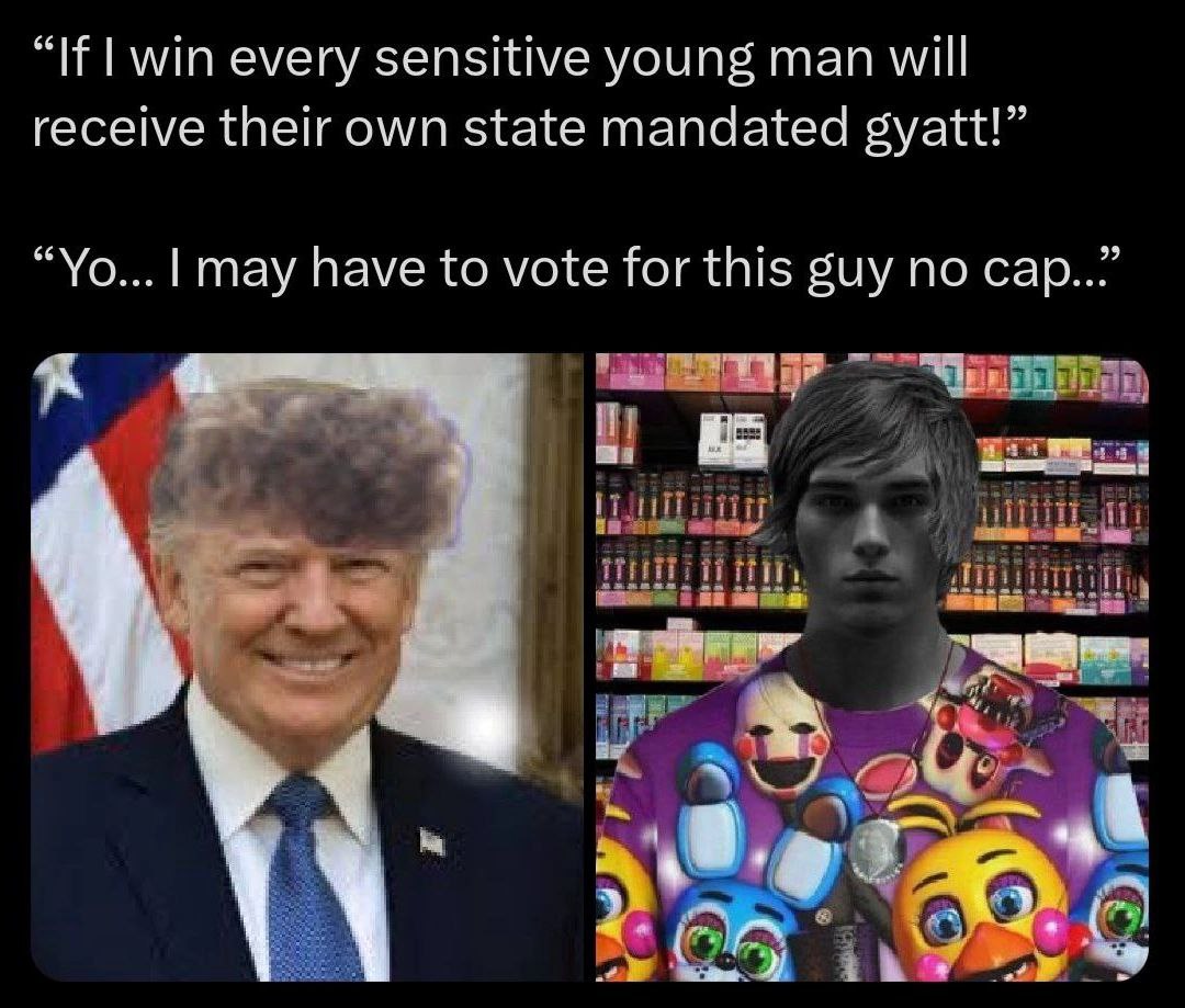 “If win every sensitive young man will receive their own state mandated gyatt!” may have to vote for this guy no cap 4 НИ, a К:
