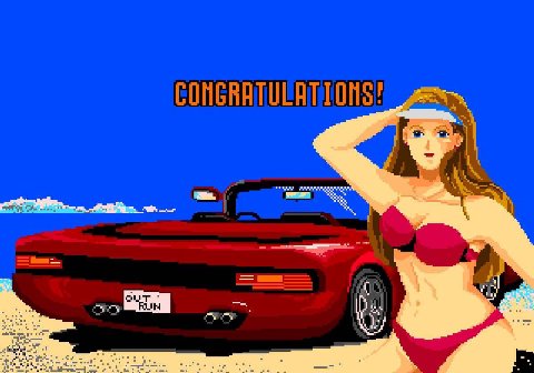 Первый OutRun при общем курортно-пляжном вайбе как-то аккуратно избегал темы девочек в бикини. Настолько, что единственная "тематическая" катсцена — это вот эта секретная концовка в версии для Genesis