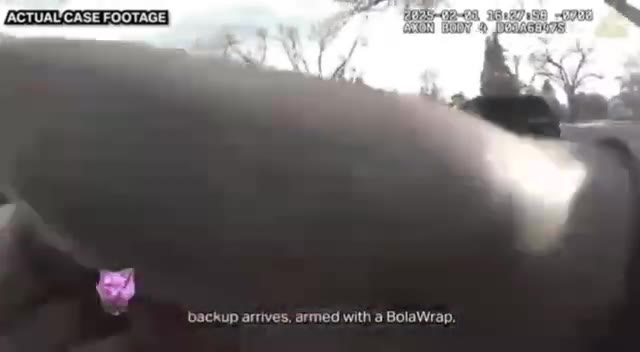 ACTUAL CASE FOOTAGE у | | eee и, ии т ™® backup arrives, armed with a BolaWrap, ‘\ Defore things spiral out of control You're gonna get tased. - [Officer] It's a BolaWrap. IACTUAUTCASE FOOTAGE ” ея ко