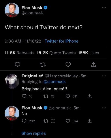 68) Elon Musk “7 @elonmusk What should Twitter next? 9:38 11/18/22 Twitter for iPhone Retweets Quote Tweets Likes OriginolleY @HardcoreNolley Replying to @elonmusk Bring back Alex Jones!!!! О 16 11 13