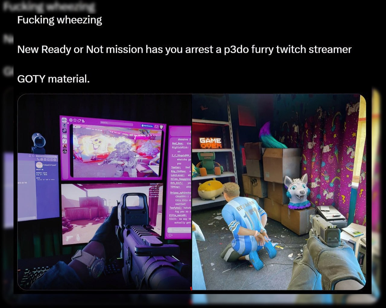 Fucking wheezing New Ready or Not mission has you arrest a p3do furry twitch streamer GOTY material. заме 4