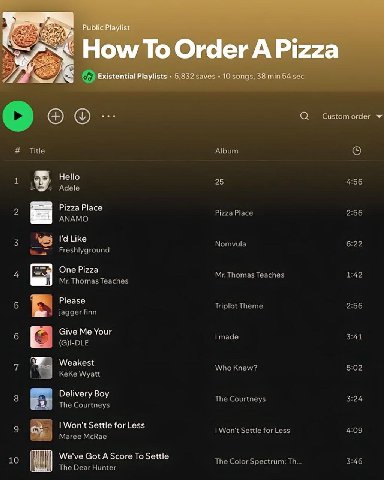 79 Public Playlist How To Order A Pizza в Existential Playlists 5.832 saves 10 songs, 38 min 54 sec я 3, Hello a Pizza Place Like One Pizza Please С Give Me Your Weakest Delivery Boy (Won't Settle for