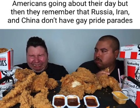 Americans going about their day but then they remember that Russia, Iran, and China don't have gay pride parades 3