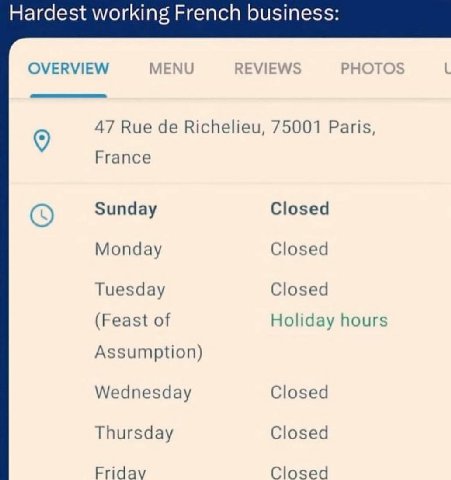 Hardest working French business: OVERVIEW MENU 47 Rue Richelieu, 75001 Paris, 9 Егапсе Sunday Closed Monday Closed Closed Tuesday (Feast of Holiday hours Assumption) Wednesday Closed Thursday Closed C